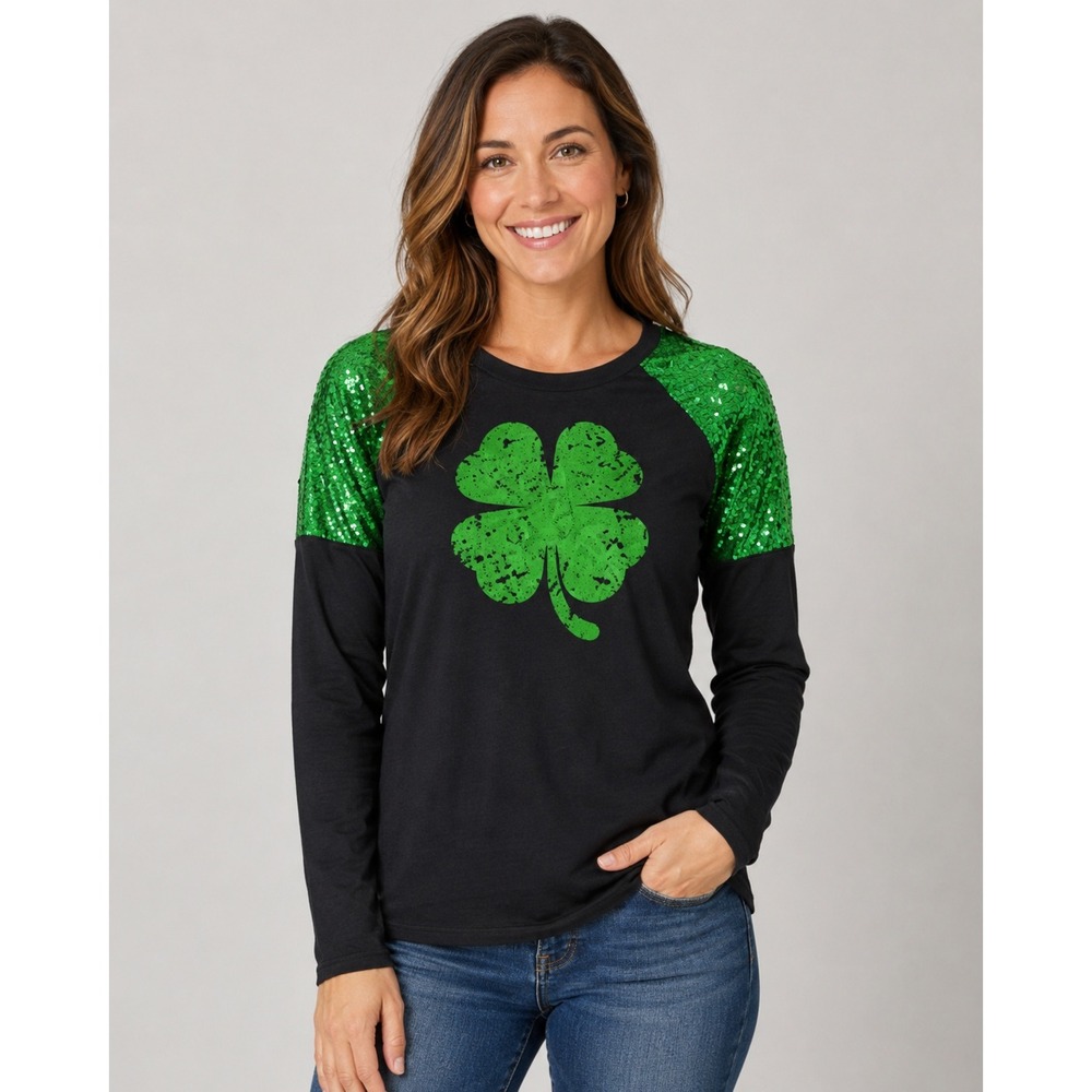 Unbranded‎ St Patricks Day Top Women Medium Black Green Sequin Shamrock Raglan